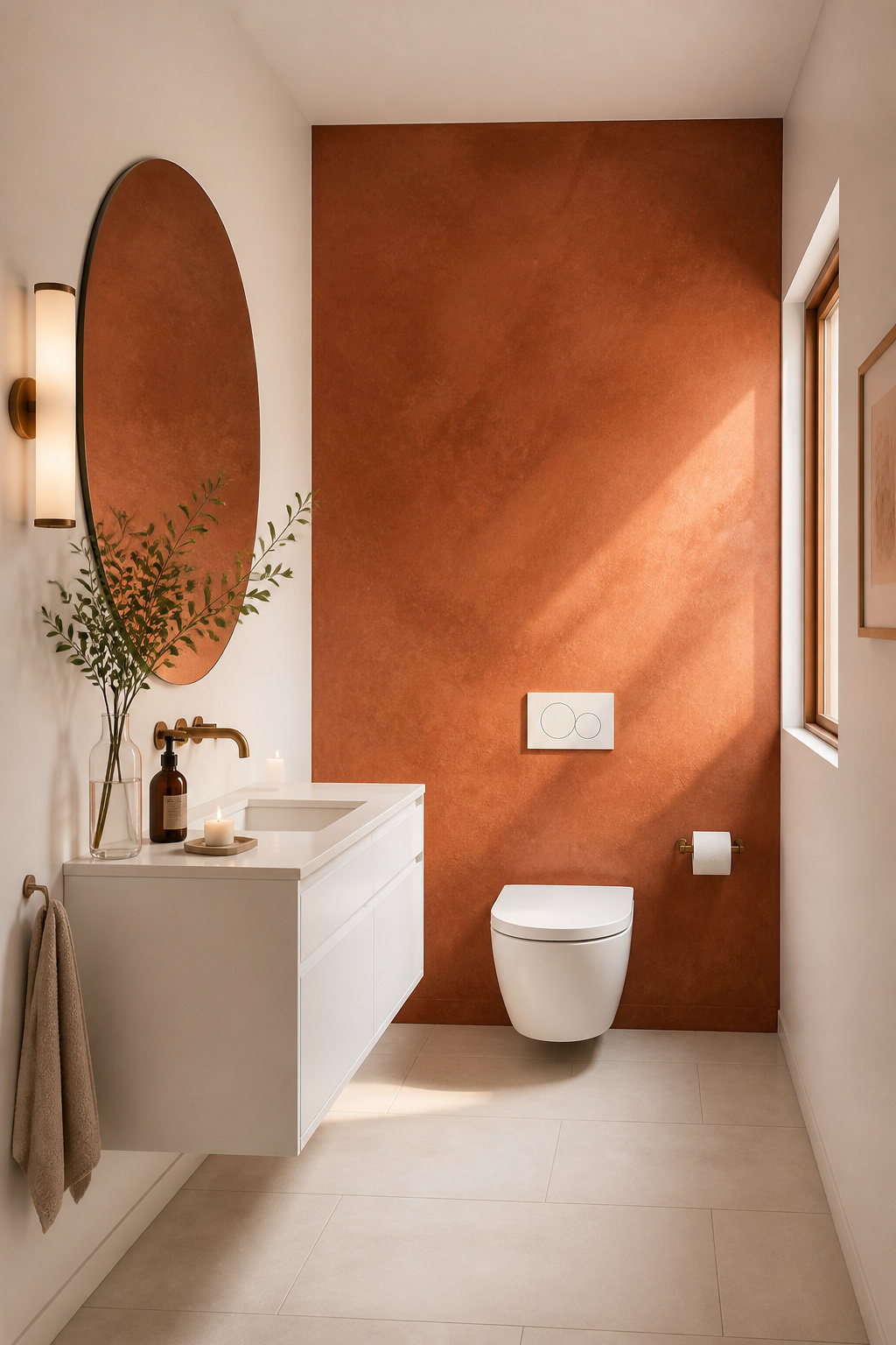 A rich terracotta limewash accent wall behind the toilet creates a focal point and visual depth in a small bathroom — with three walls at LRV 82, the contrast anchors the room without making it feel smaller.