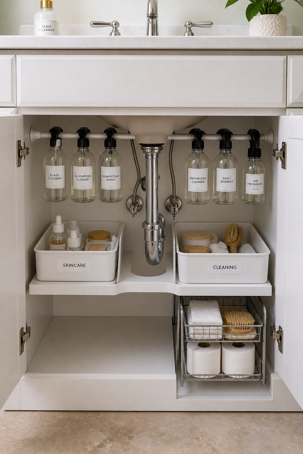 A U-shaped organizer tray fitted around the P-trap, hanging spray bottles on a tension rod, and labeled bins on each side of the drain — the under-sink cabinet transformed into a practical system in under an hour.