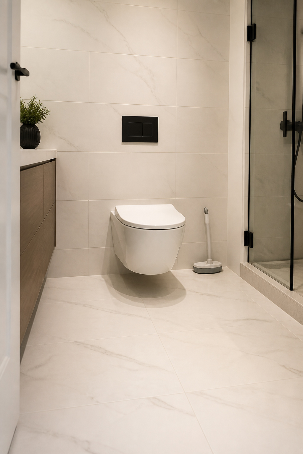 A wall-hung ceramic toilet with a concealed in-wall tank and matte black flush actuator plate frees 7–9 inches of floor depth and makes the entire floor continuously mopp-able — one of the most impactful small bathroom design wins available.