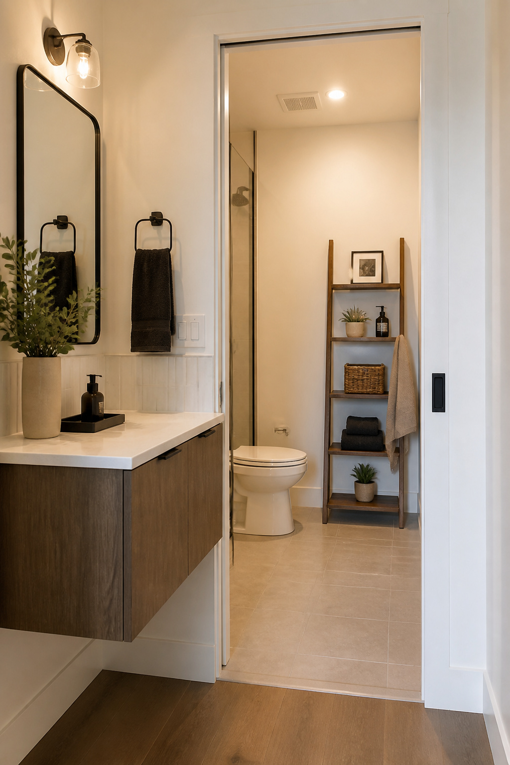A pocket door slid fully into the wall cavity disappears entirely — recovering the 8–9 square foot swing-arc zone that a standard hinged door would occupy in a small bathroom.