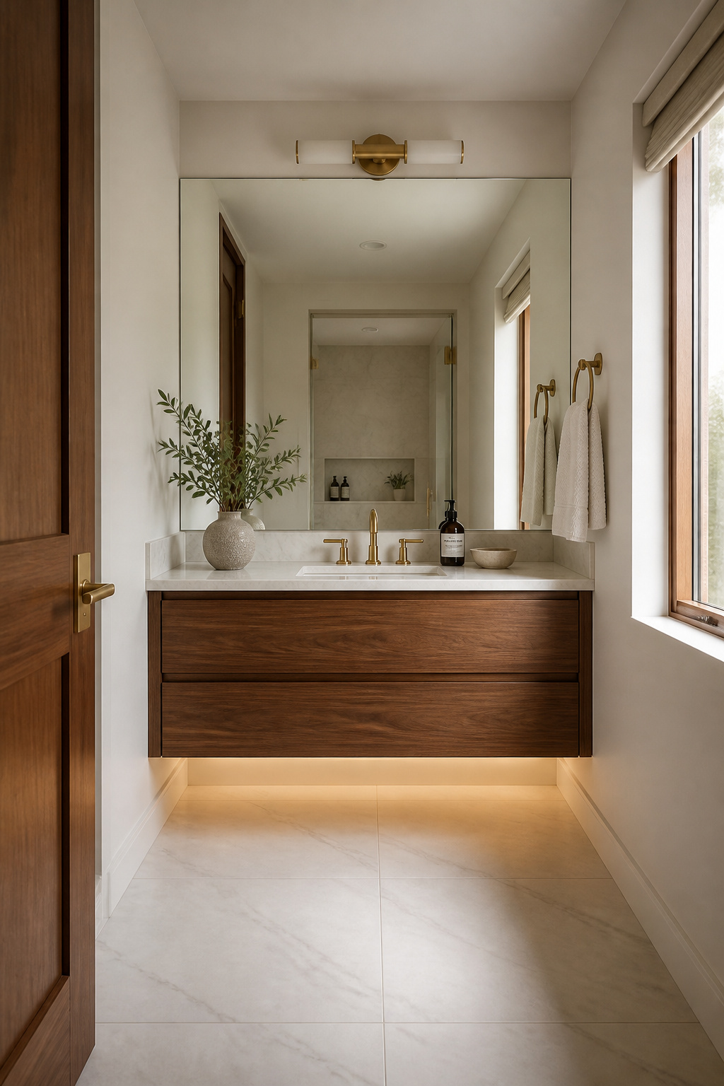 A floating walnut vanity at 35 inches height reveals the full bathroom floor below it — one of the most effective tricks in small bathroom design for making compact spaces feel open and airy.