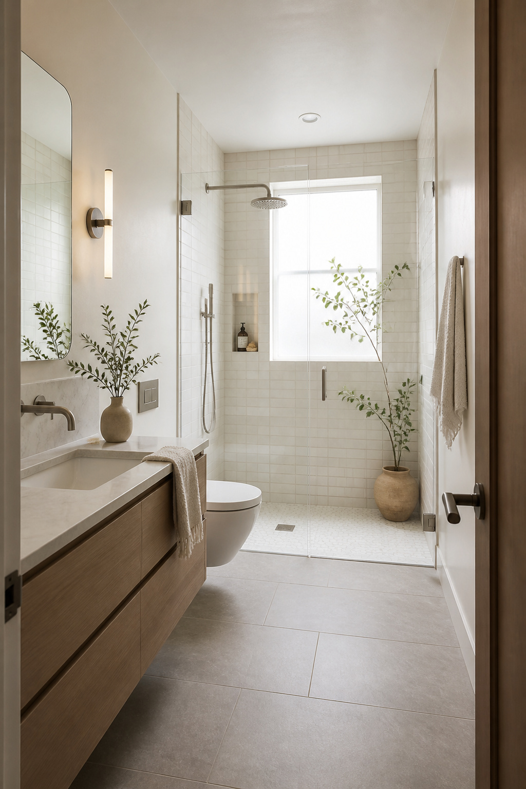 A frameless 3/8-inch clear glass shower enclosure removes the visual boundary that typically makes a small bathroom feel like two separate cramped spaces — the sightline now travels uninterrupted wall to wall.