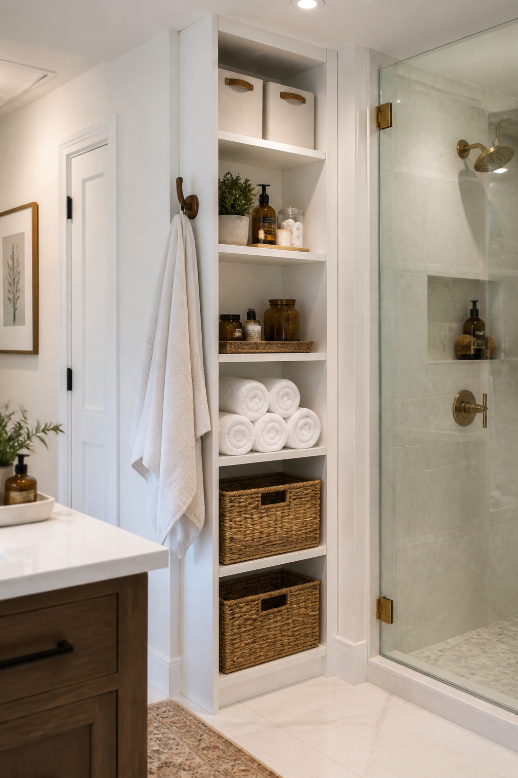 A floor-to-ceiling 12-inch deep shelving unit in the dead corner beside a frameless shower turns the most consistently wasted space in a small bathroom into organized, accessible storage across every vertical inch.
