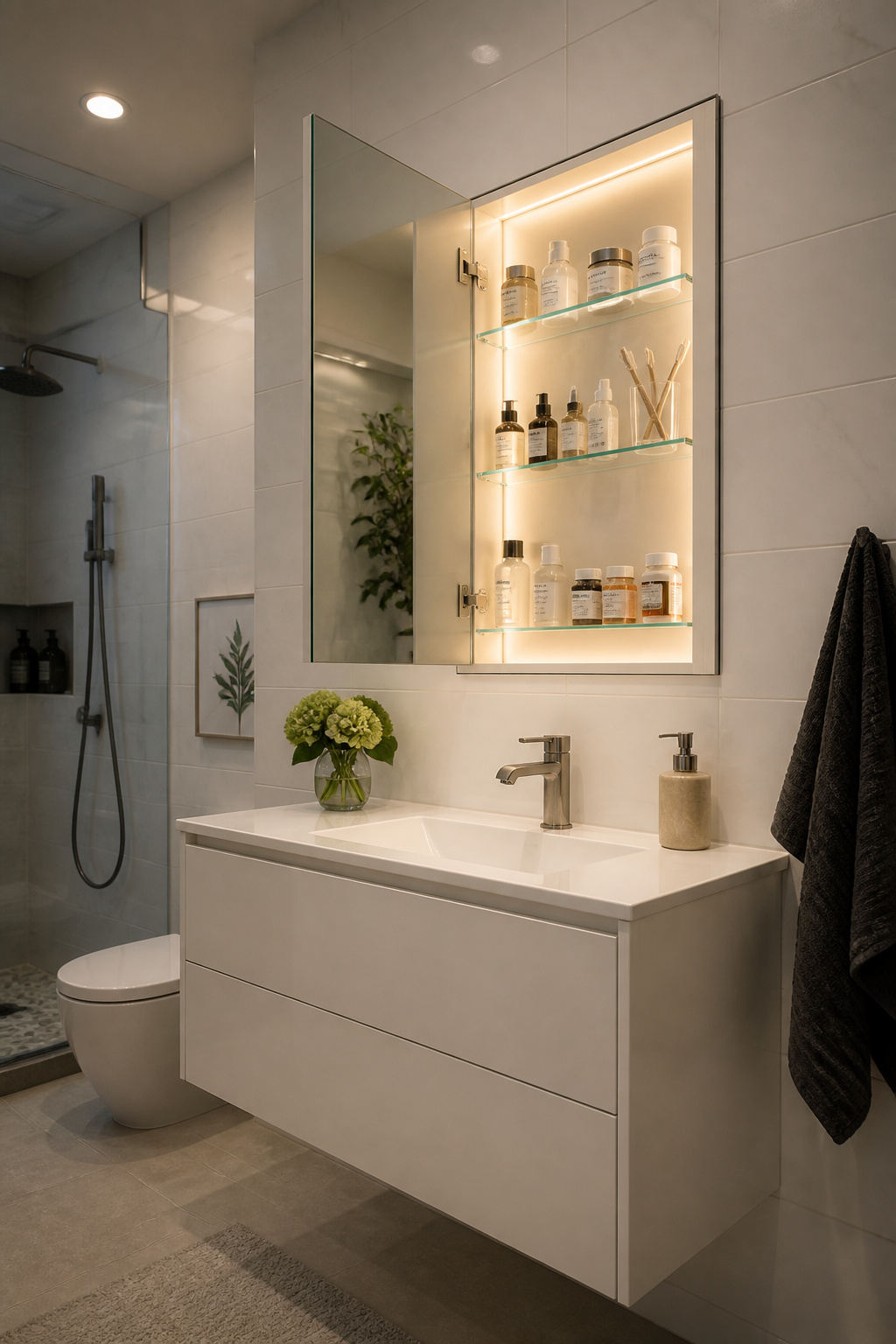 A recessed 24-inch medicine cabinet opened to reveal three organized adjustable glass shelves — all storage contained within the wall cavity, adding zero projection to a small bathroom's tight clearances.