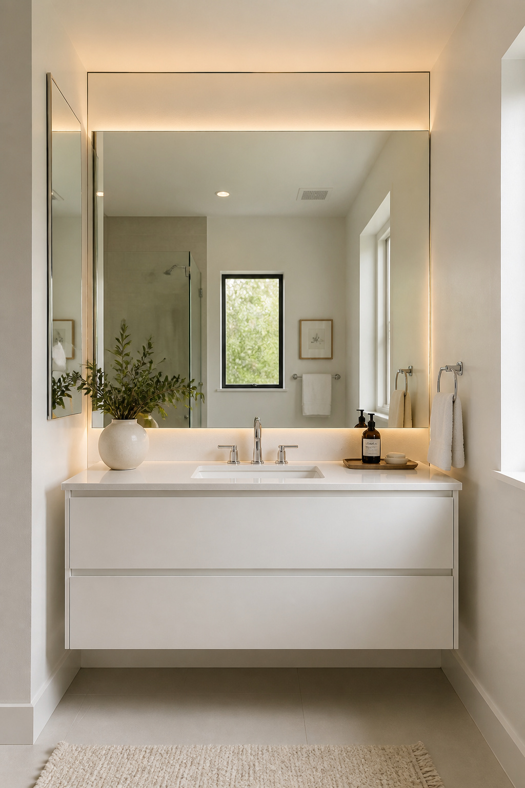 A wall-spanning frameless mirror above a 36-inch floating vanity reflects the entire opposite bathroom wall — one of the most cost-effective small bathroom design upgrades for making a compact space read twice as wide.
