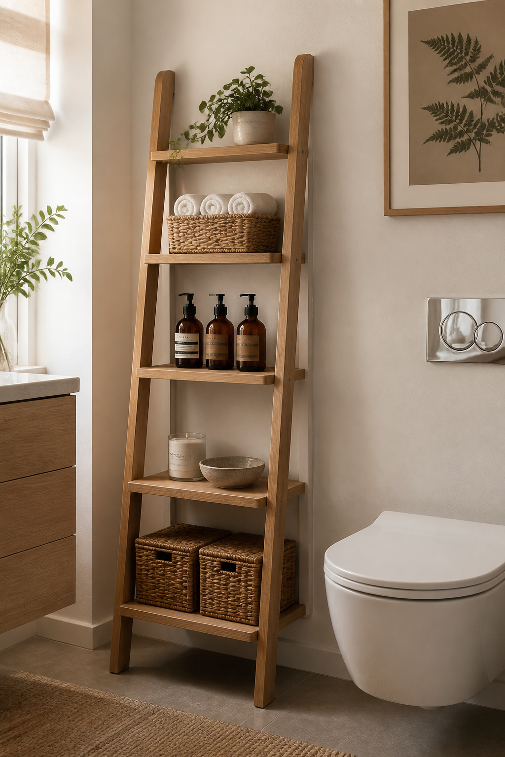 A natural oak ladder shelf beside the toilet turns a typically dead zone into a curated storage column — organized with baskets, rolled towels, and minimal accessories for a look that functions as well as it photographs.