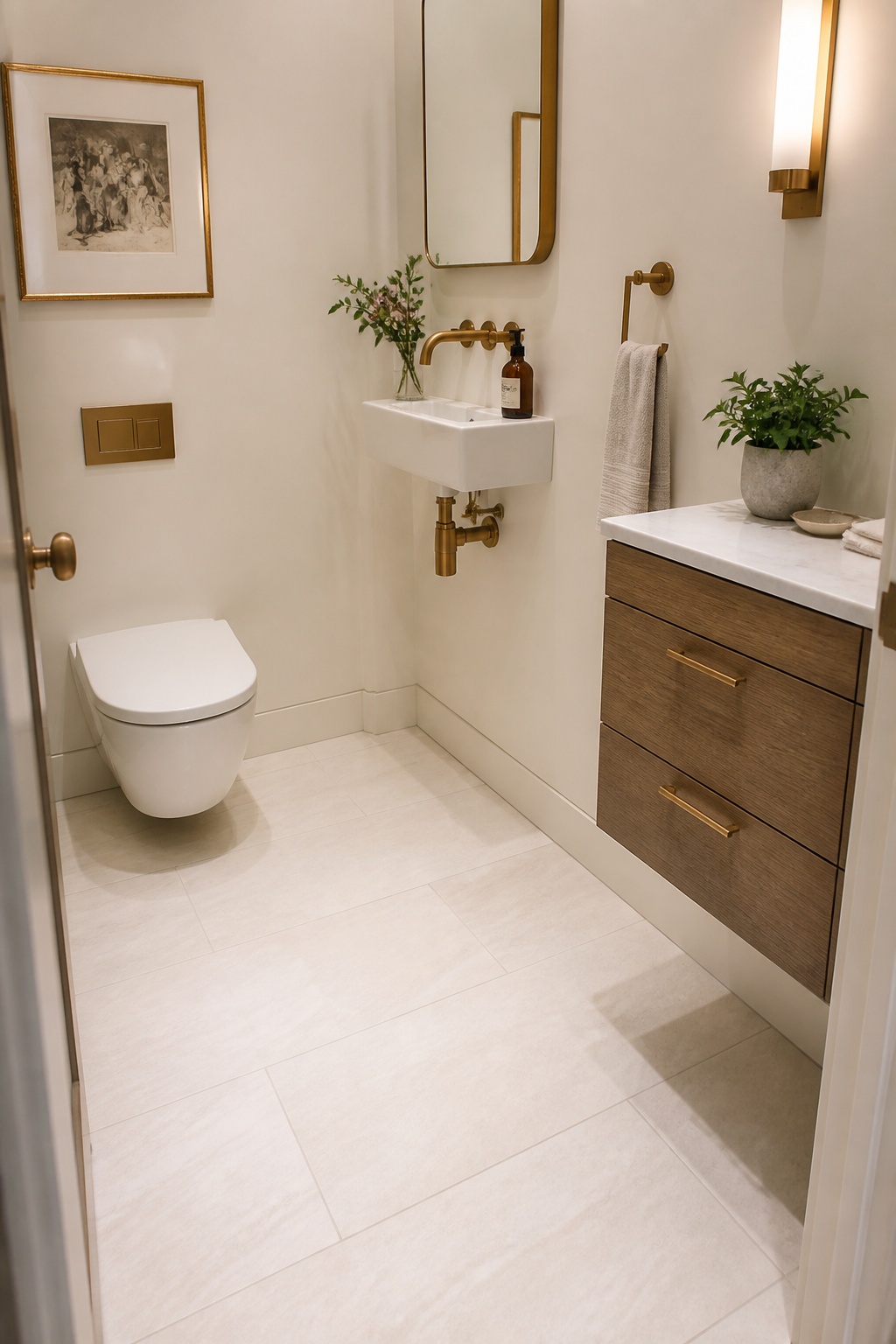 A compact bathroom where slim-profile wall-hung fixtures — an 18.9-inch projection Duravit D-Neo toilet and a 13-inch deep cloakroom sink — demonstrate how spec sheet numbers directly translate into livable floor space.
