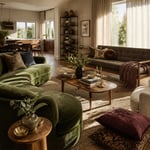 A warm, textural living room scene blending several standout couch styles from the list, from curved velvet to tapered mid-century wood legs and layered pillows.