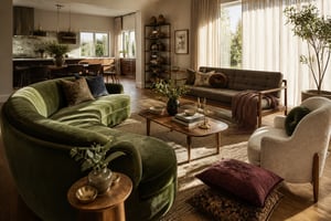 A warm, textural living room scene blending several standout couch styles from the list, from curved velvet to tapered mid-century wood legs and layered pillows.