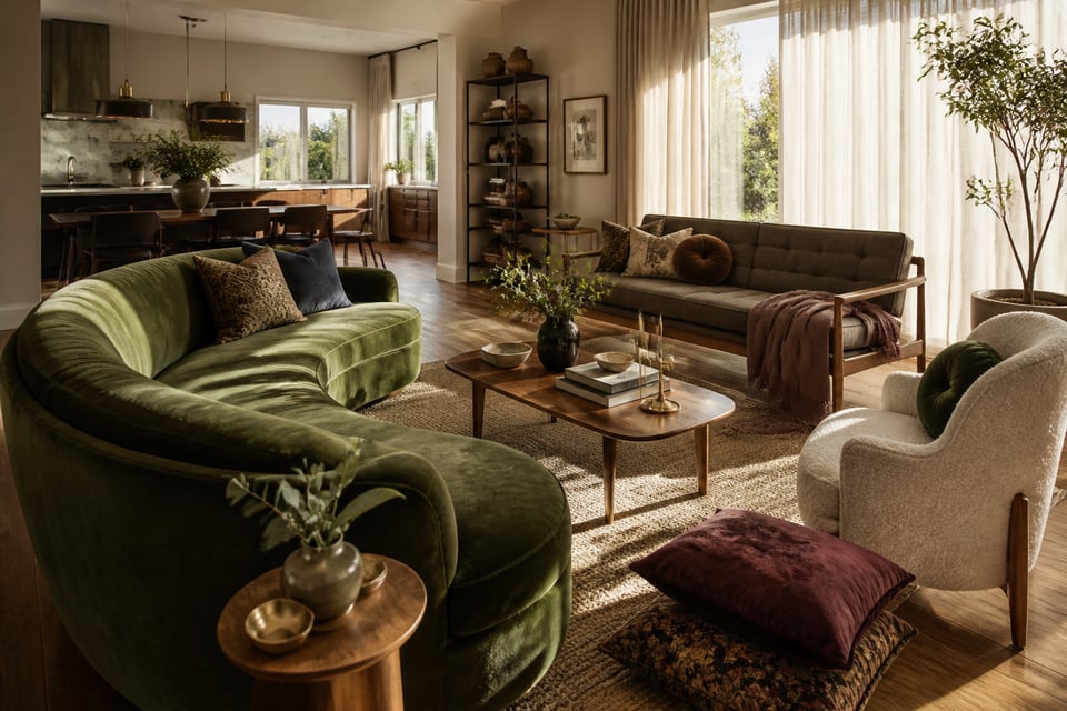 A warm, textural living room scene blending several standout couch styles from the list, from curved velvet to tapered mid-century wood legs and layered pillows.
