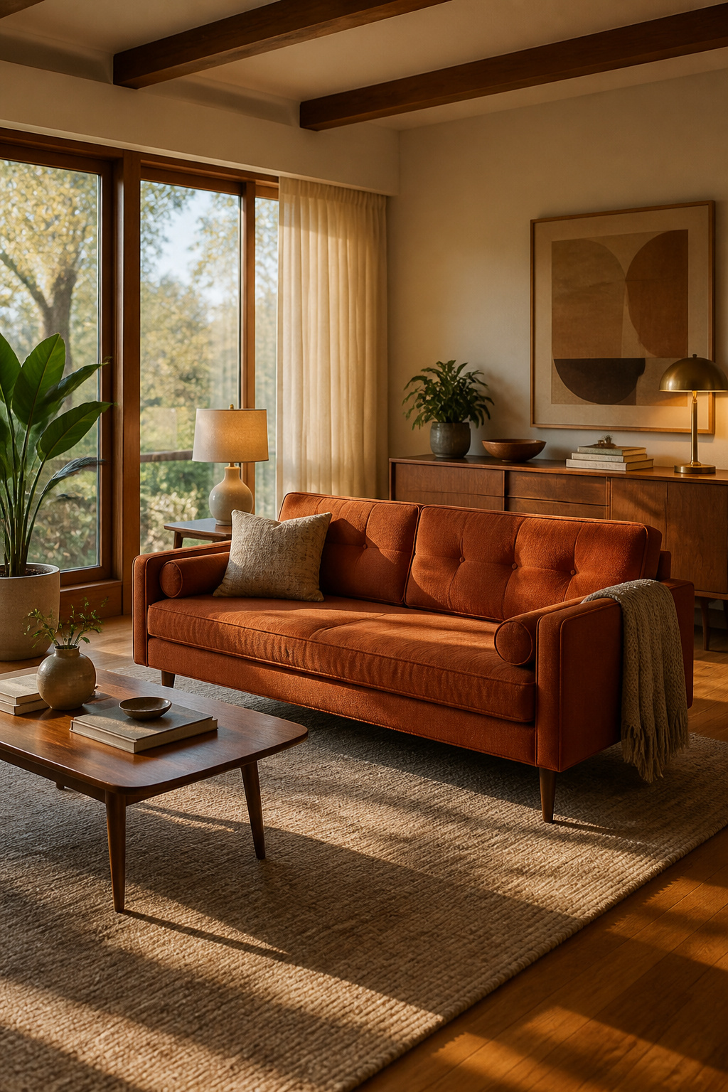 Tapered walnut legs visually lighten this rust-toned mid-century sofa, letting it appear to float above the floor.