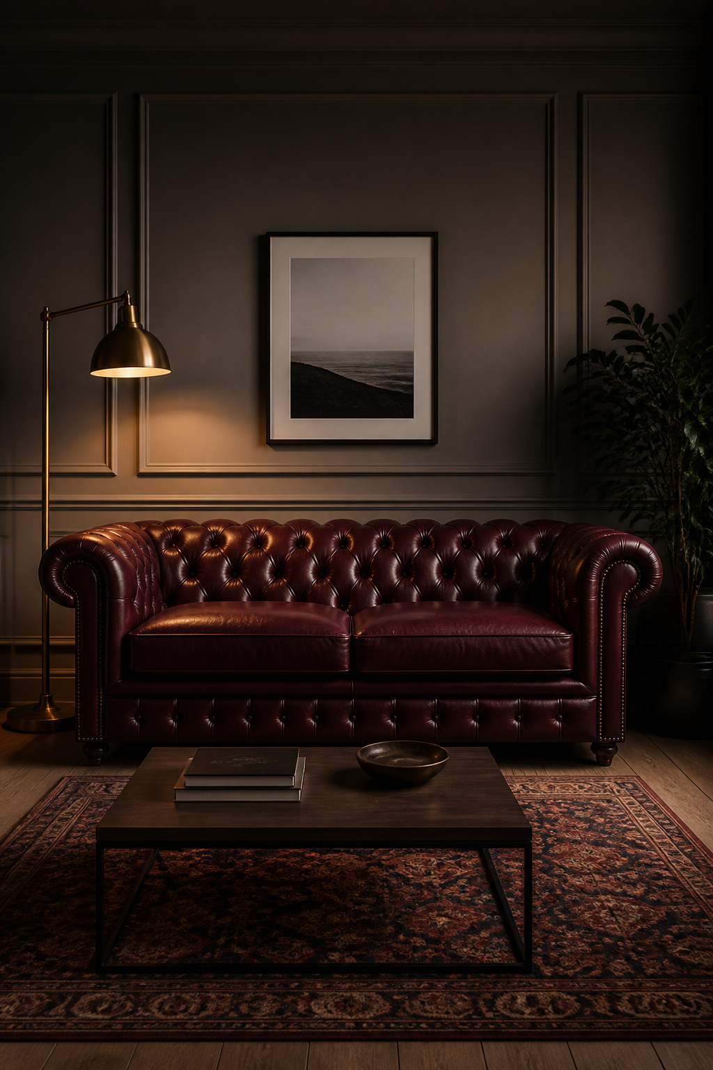 A burgundy leather Chesterfield with classic diamond tufting brings timeless charm to a deliberately modern, pared-back living room.