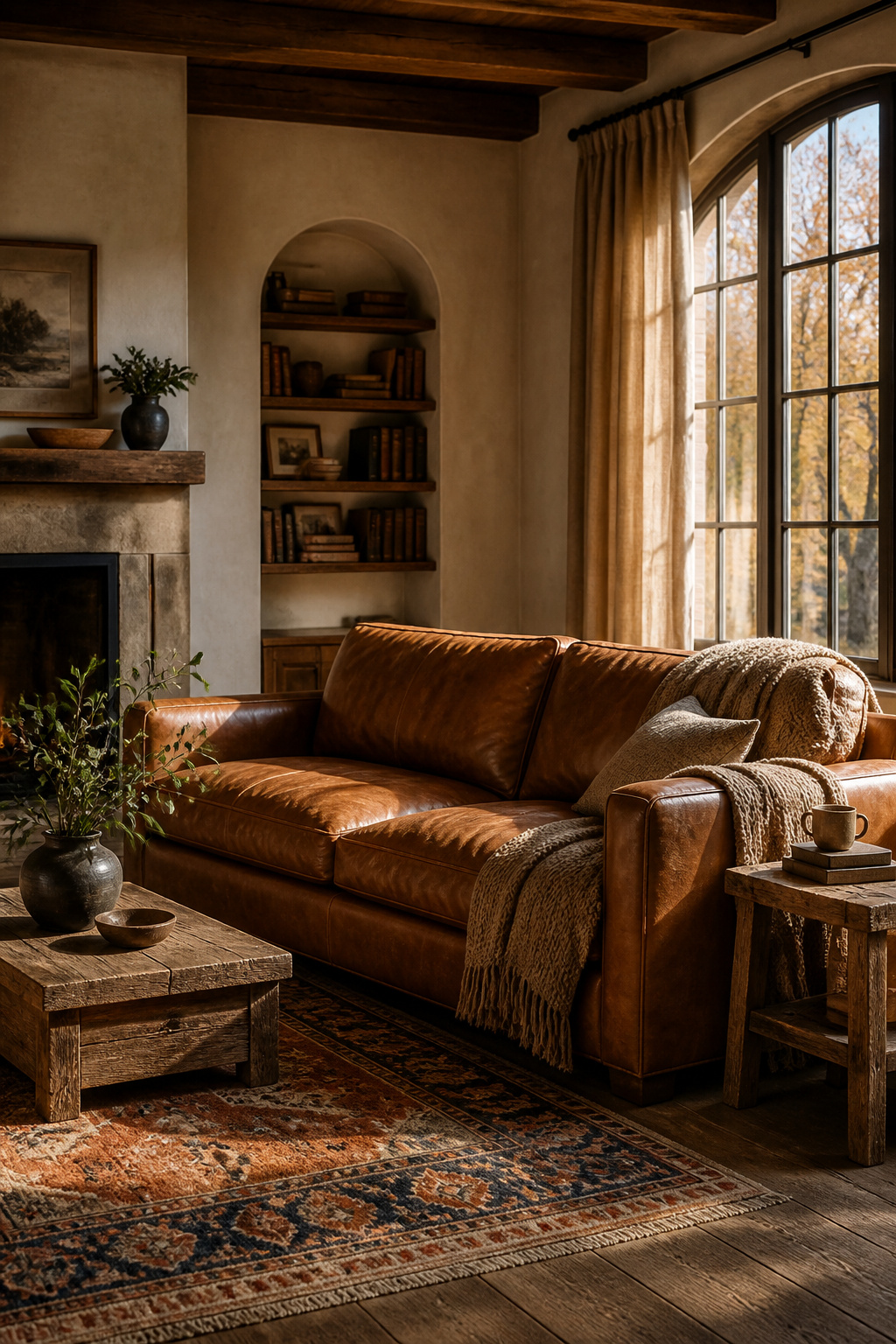 A cognac full-grain leather sofa shows the natural grain and soft creasing that only deepen into a richer patina with age.