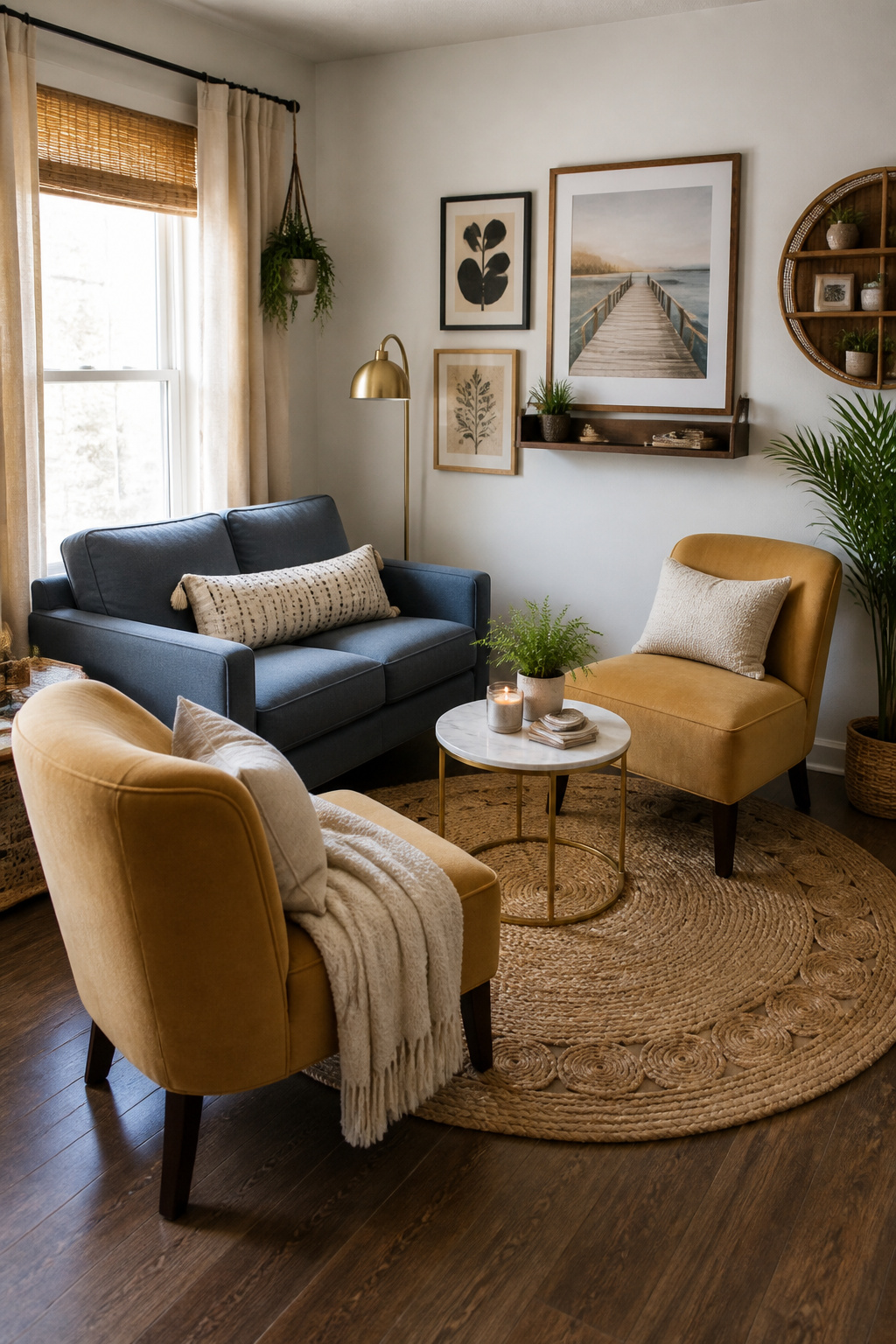 A dusty-blue loveseat paired with two mustard slipper chairs makes the most of a compact living room corner without crowding the walkway.