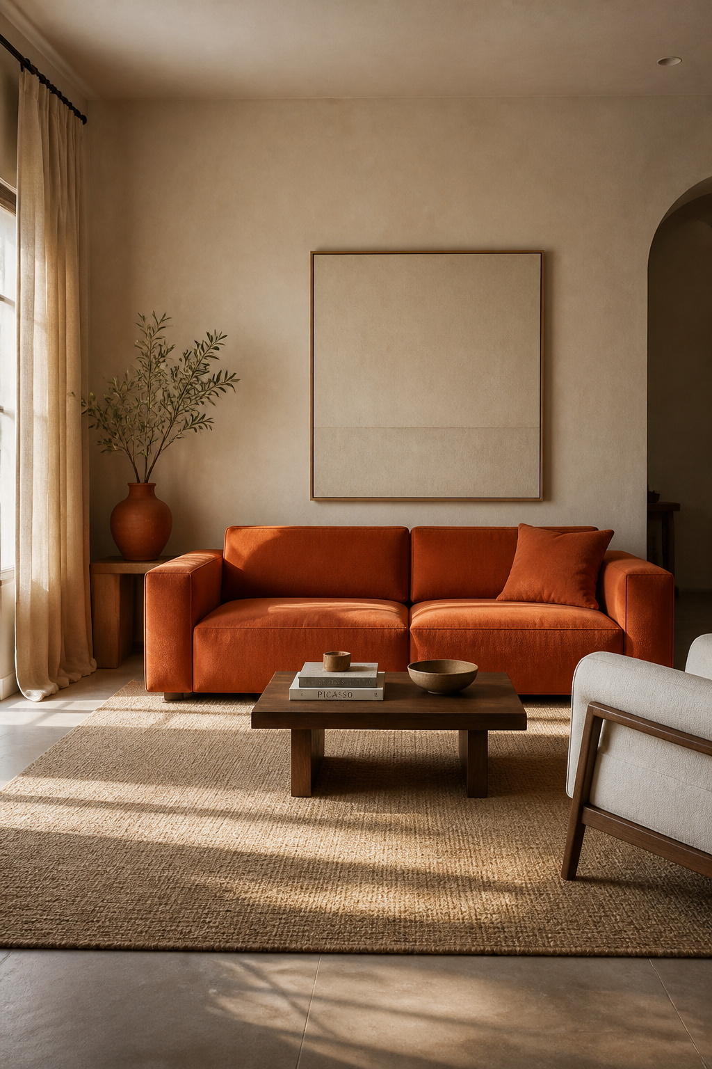 A burnt-orange sofa becomes the sole focal point of an otherwise quiet, neutral living room, letting the color do all the visual work.