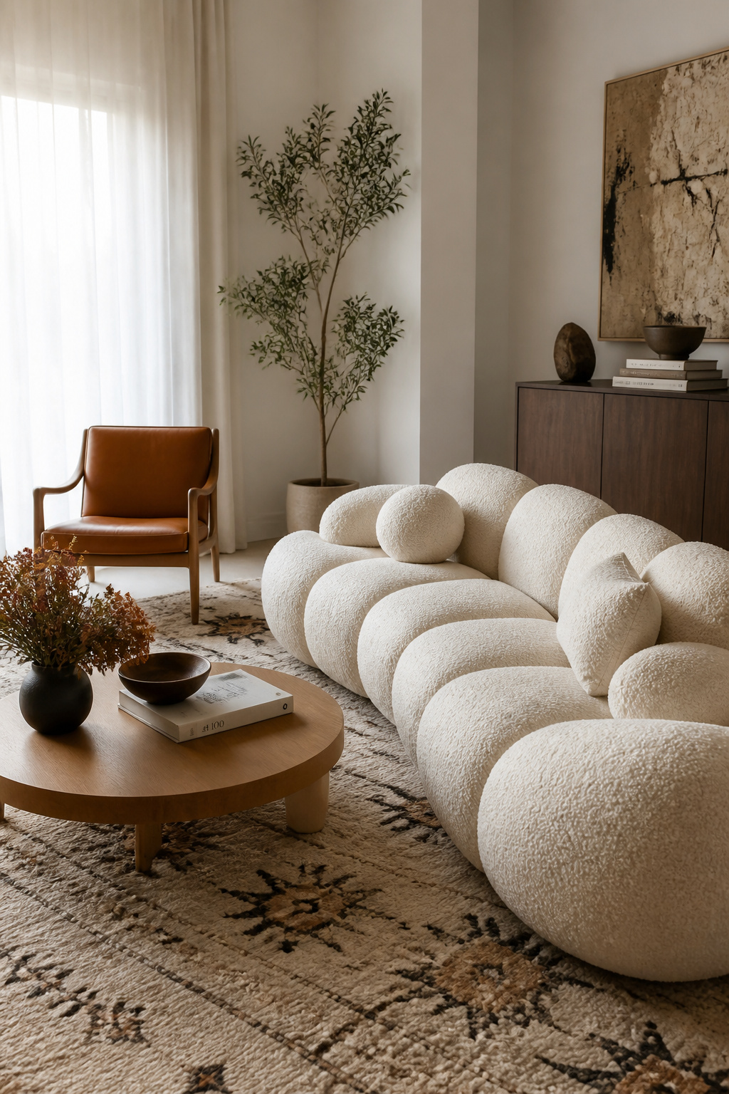A nubby ivory boucle sofa carries all its visual interest in the surface texture itself, balanced here by a smooth leather accent chair.