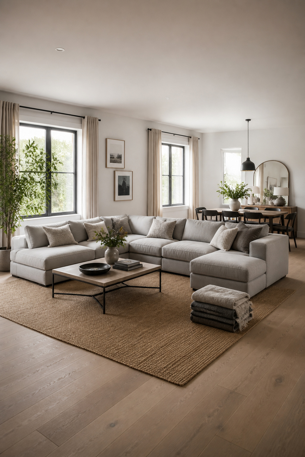 A modular sofa system in soft grey fabric shows its individual sections, built to expand as a household's seating needs grow.