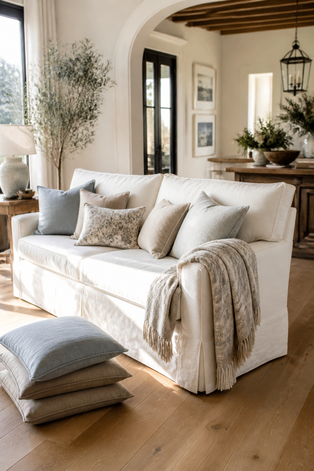 A tailored linen slipcover keeps this sofa looking crisp and intentional while staying fully washable for busy households.