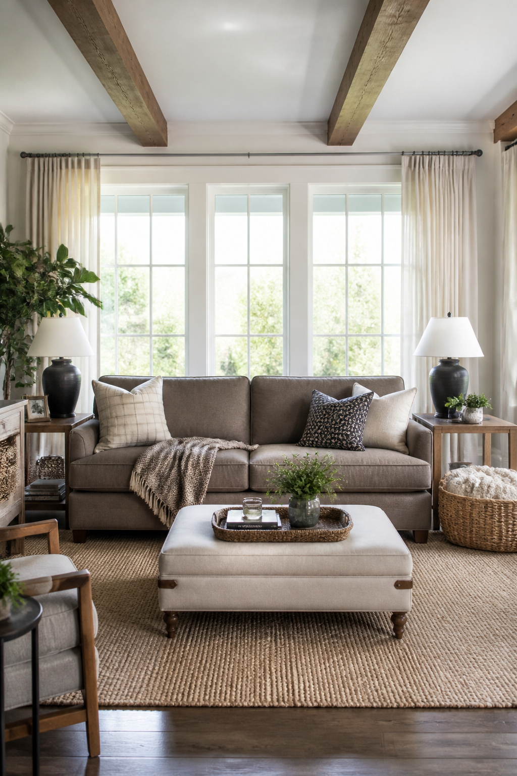 A dense taupe performance velvet sofa hides pet hair and resists claws while still looking tailored and polished.