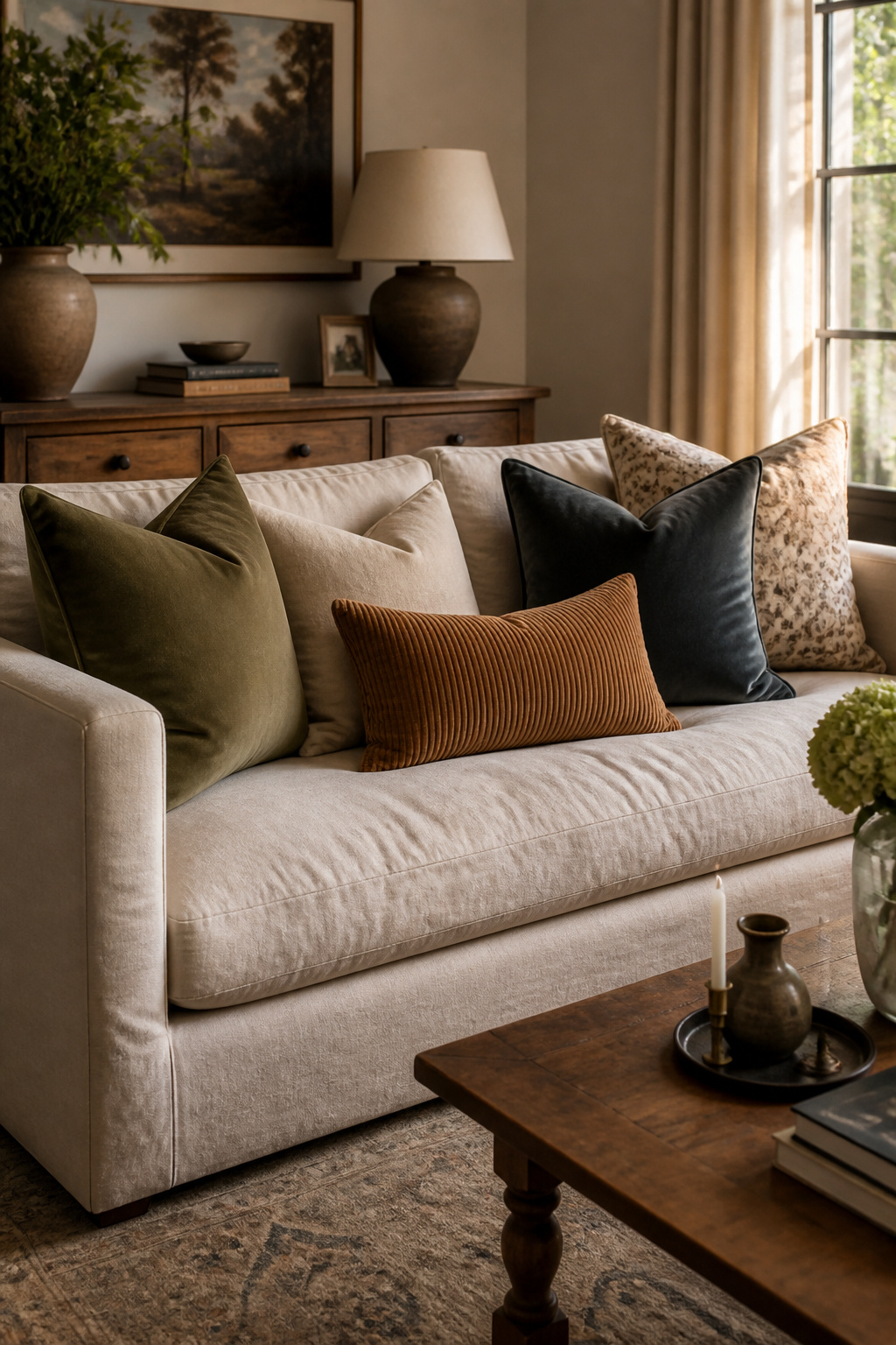 A neutral linen sofa comes alive with a five-pillow arrangement mixing matte linen, plush velvet, and a corduroy lumbar shape.