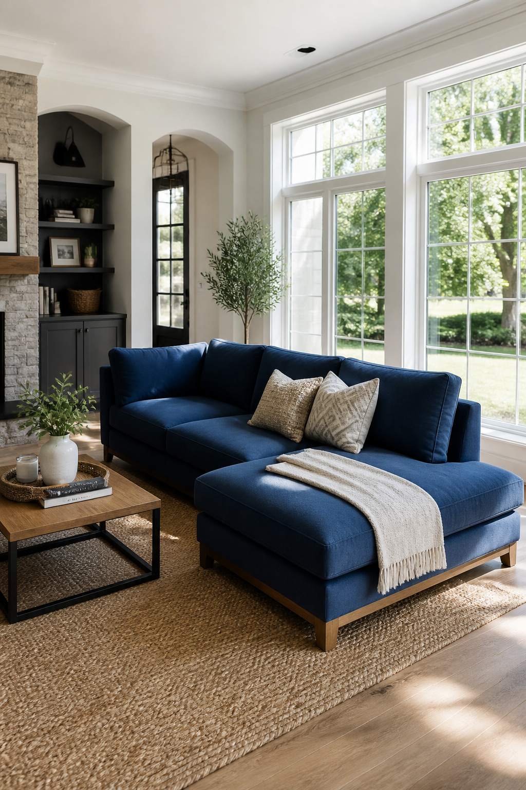 A deep-blue reversible chaise sectional is positioned to face the room's main light source, its chaise able to reconfigure to either side as needs change.
