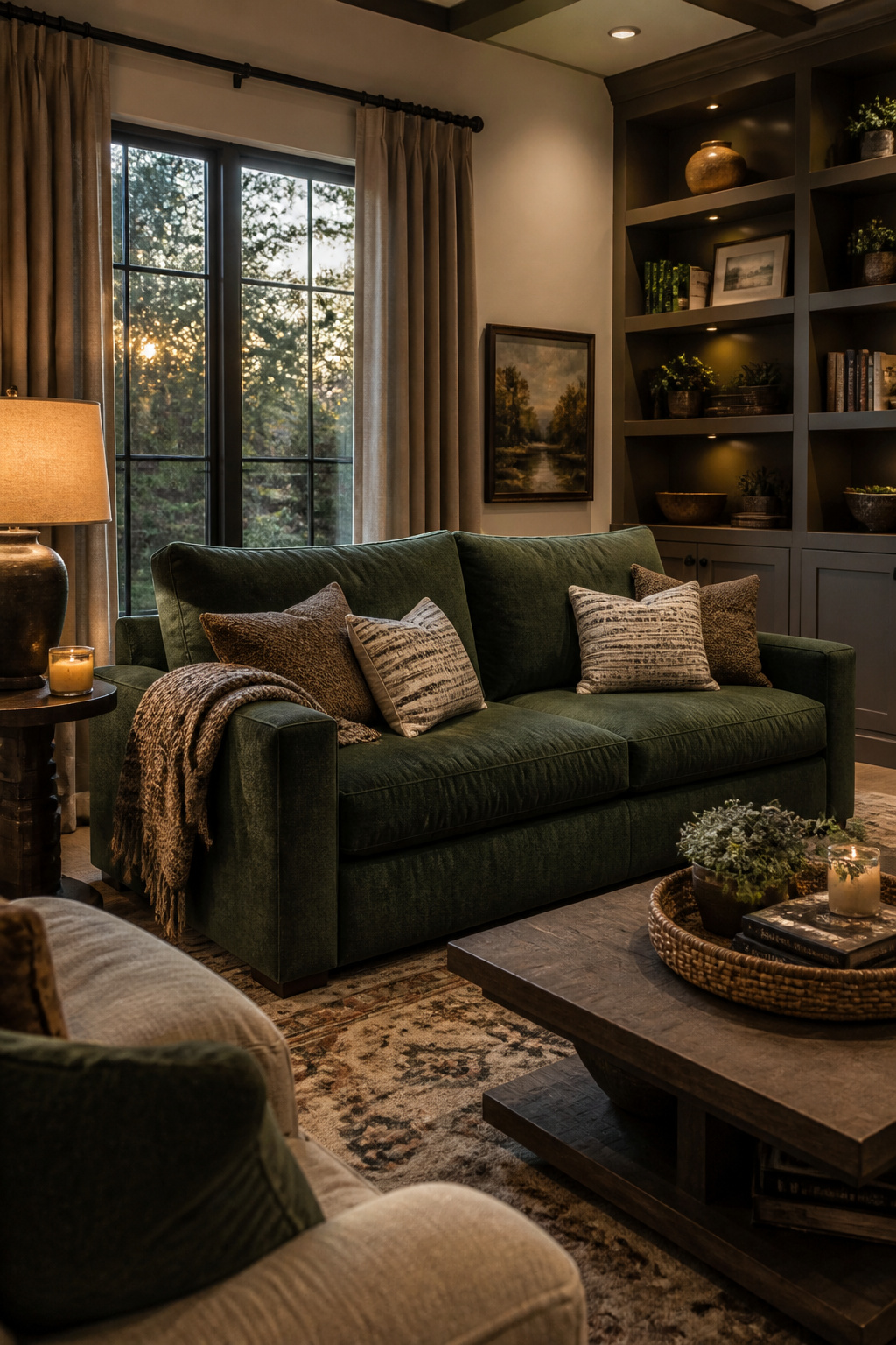 A forest-green chenille sleeper sofa looks like ordinary seating by day, its textured weave disguising the fold lines of its guest-bed mechanism.