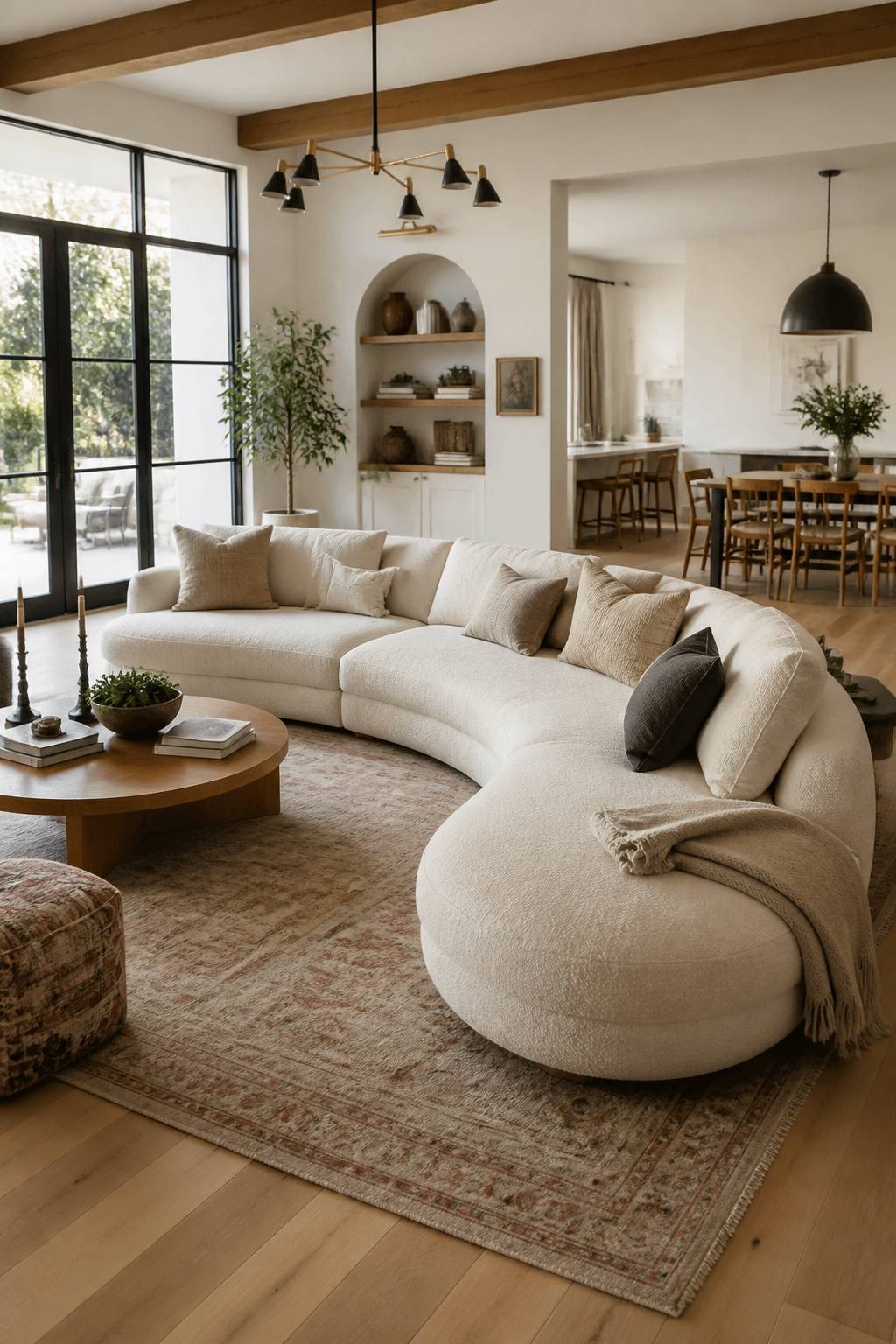 A curved crescent sectional floats in an open-concept living space, using its sweeping shape to define the seating zone without a single wall.