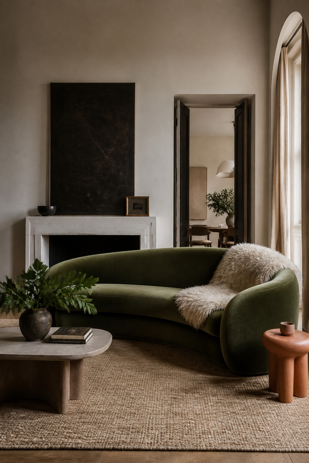 A curved olive velvet sofa reads as sculptural rather than trendy, its rounded silhouette softened further by the way light plays across the pile.