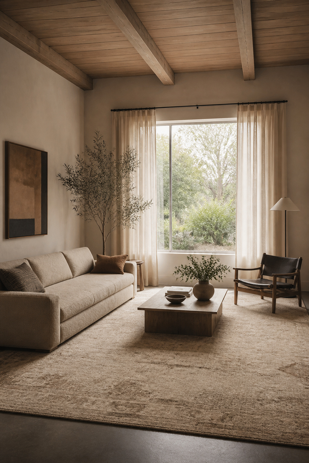 A sand-toned low-profile sofa with narrow club arms sits close to the floor, paired with a low table for a grounded, loungy feel.