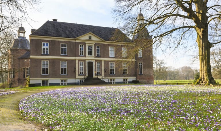 Kasteel Hackfort in de Achterhoek met bloeiende krokussen.