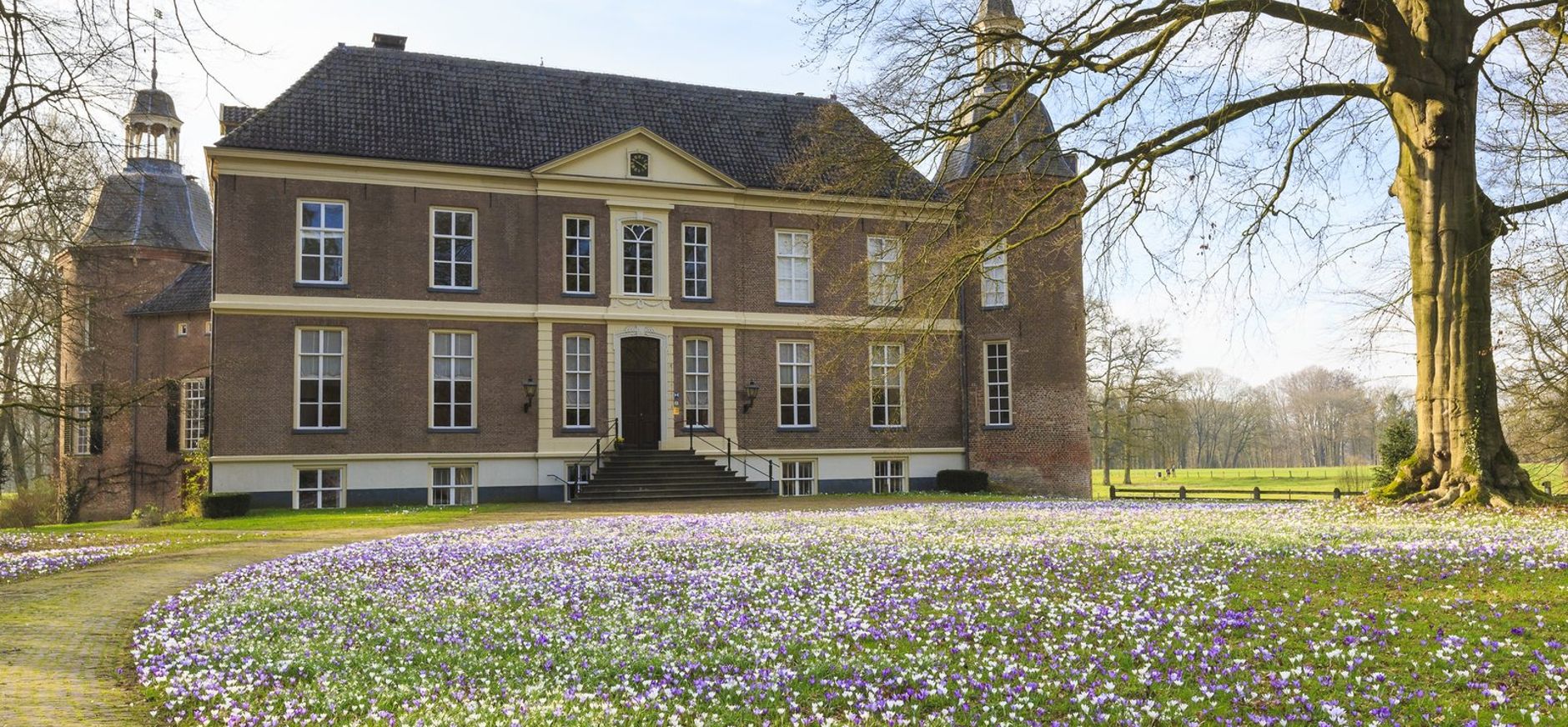 Kasteel Hackfort in de Achterhoek met bloeiende krokussen.