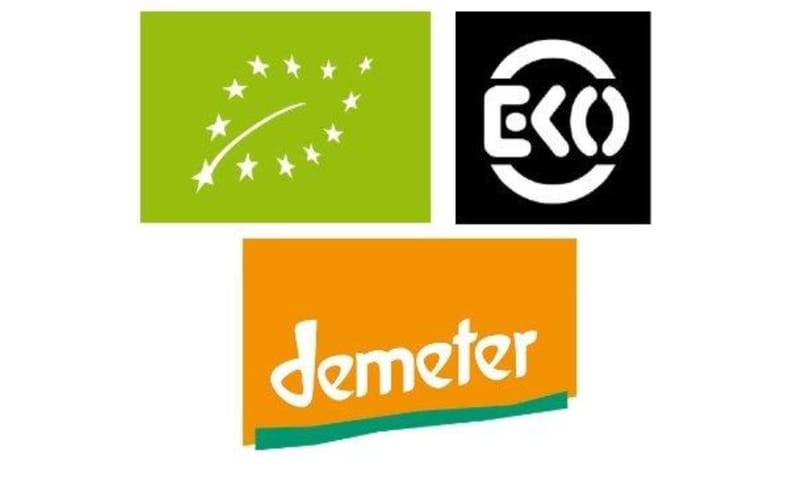 Logo's keurmerken Biologisch Eko en Demeter