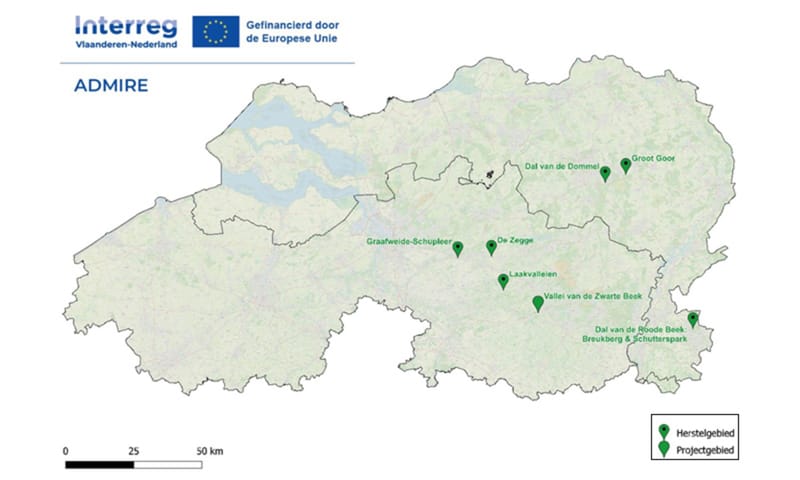 Kaart met Interreg projecten in Vlaanderen, Nederland