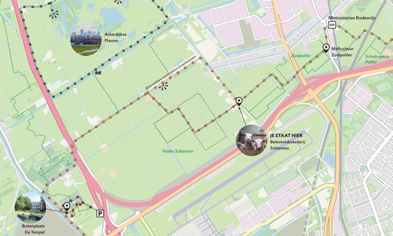 Struinroutes op kaart rondom Belevenisboerderij Schieveen