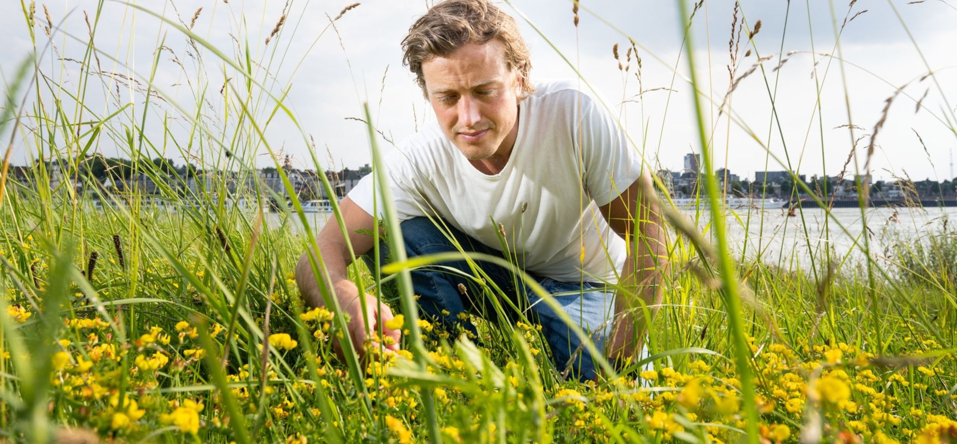 Een man die op zijn hurken in het groen zit om de plantjes te bestuderen