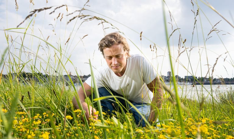 Een man die op zijn hurken in het groen zit om de plantjes te bestuderen