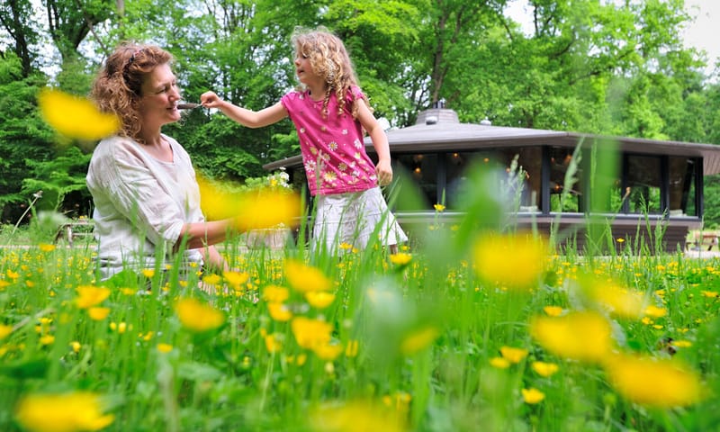 Vrouw en meisje tussen de gele bloemen, meisje kietelt de vrouw met een veer