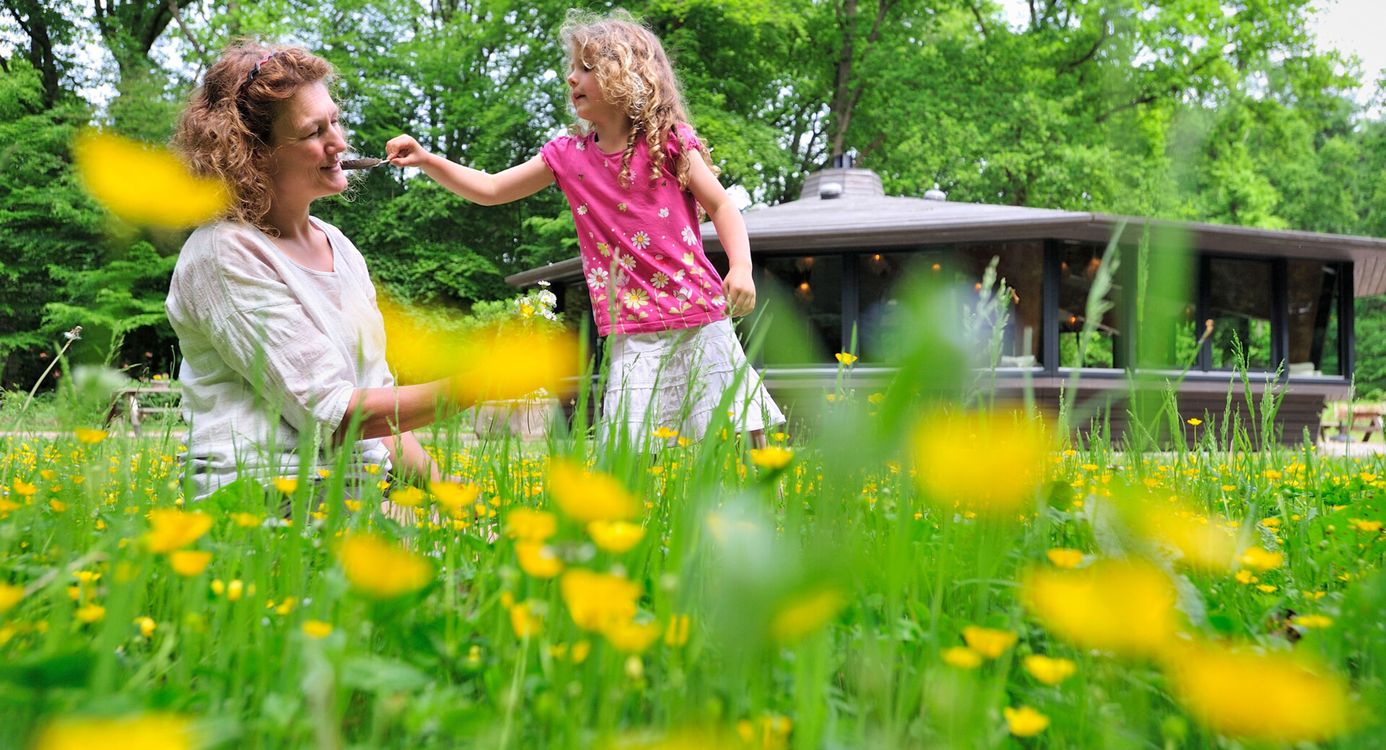 Vrouw en meisje tussen de gele bloemen, meisje kietelt de vrouw met een veer