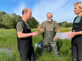 Menno Bentveld met ecoloog Paul van Hoof en vrijwilliger Tonnie Gerritsen, staan samen in een poel op zoek naar knoflookpadden.