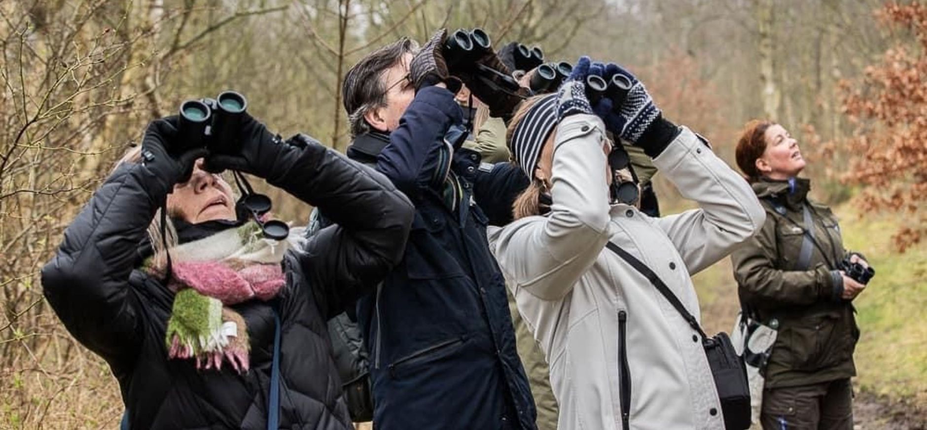 een groepje mensen kijkt door verrekijkers omhoog