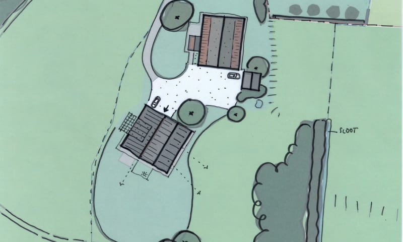 Een schets van de mogelijke invulling van het erf aan de Strodijk