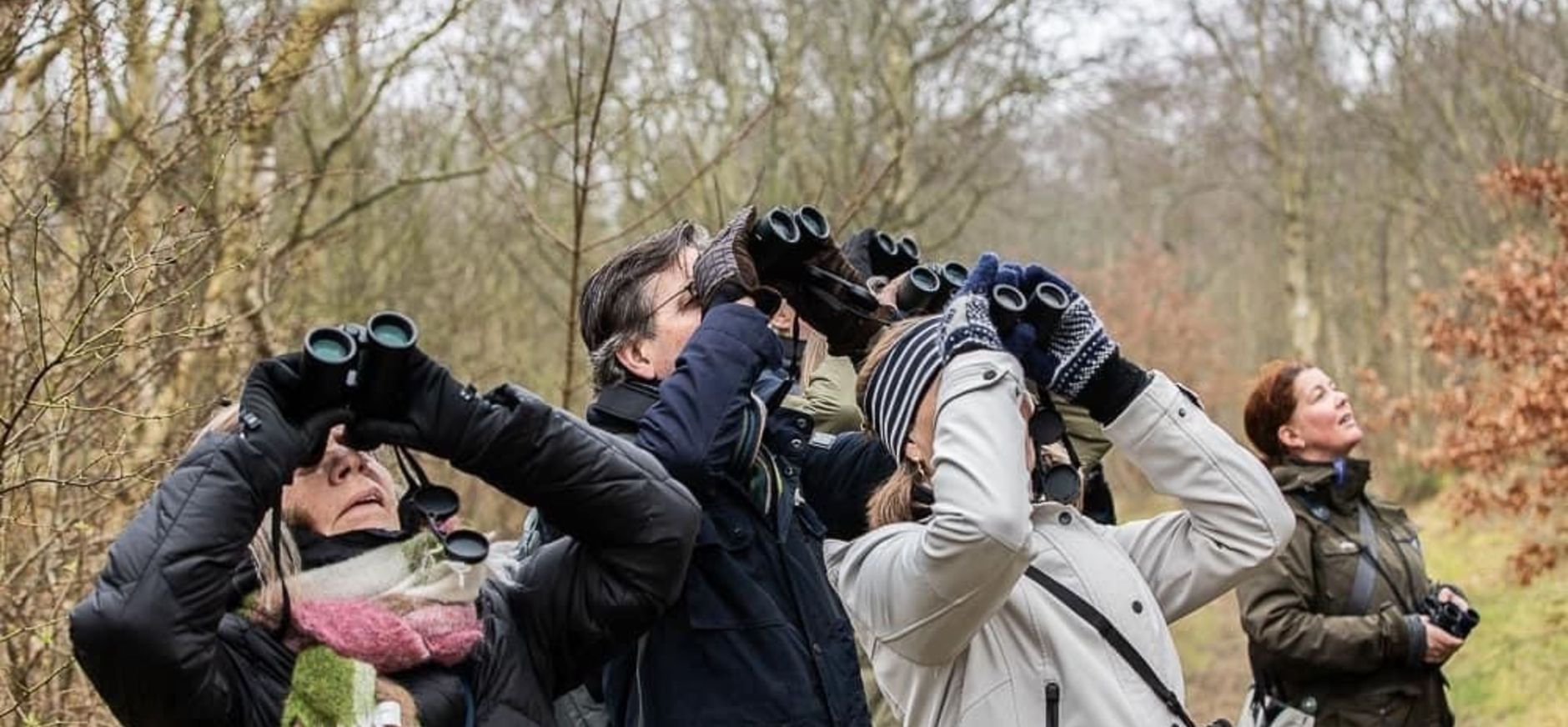 een groepje mensen kijkt door verrekijkers omhoog