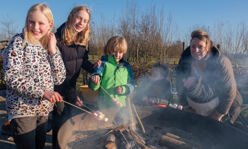 Marshmallows roosteren boven het kampvuur bij Belevenisboerderij Schieveen