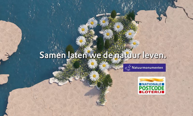 Kaart van Nederland met daaropo volop bloemen en groen