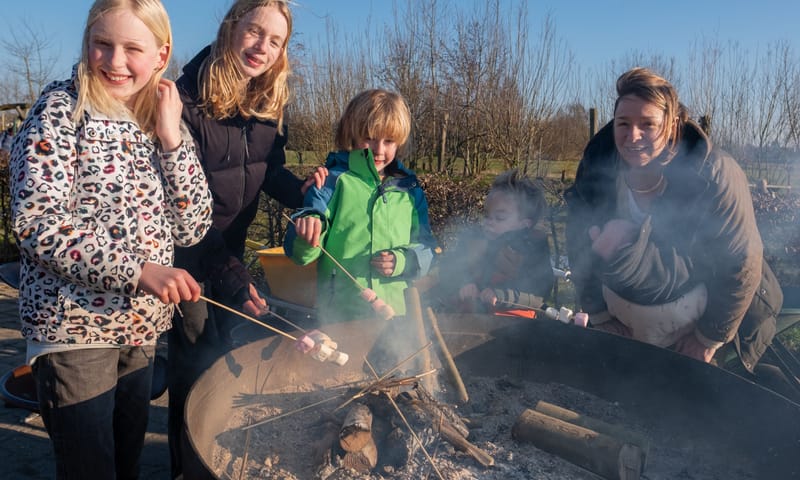 Marshmallows roosteren boven het kampvuur bij Belevenisboerderij Schieveen