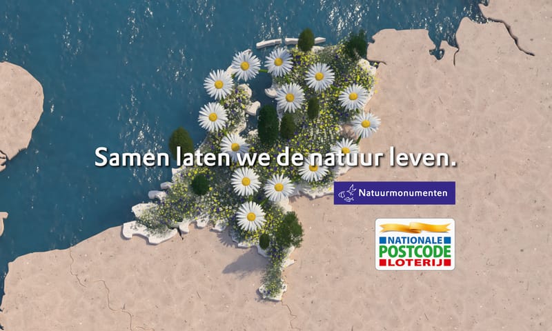 Kaart van Nederland met daaropo volop bloemen en groen
