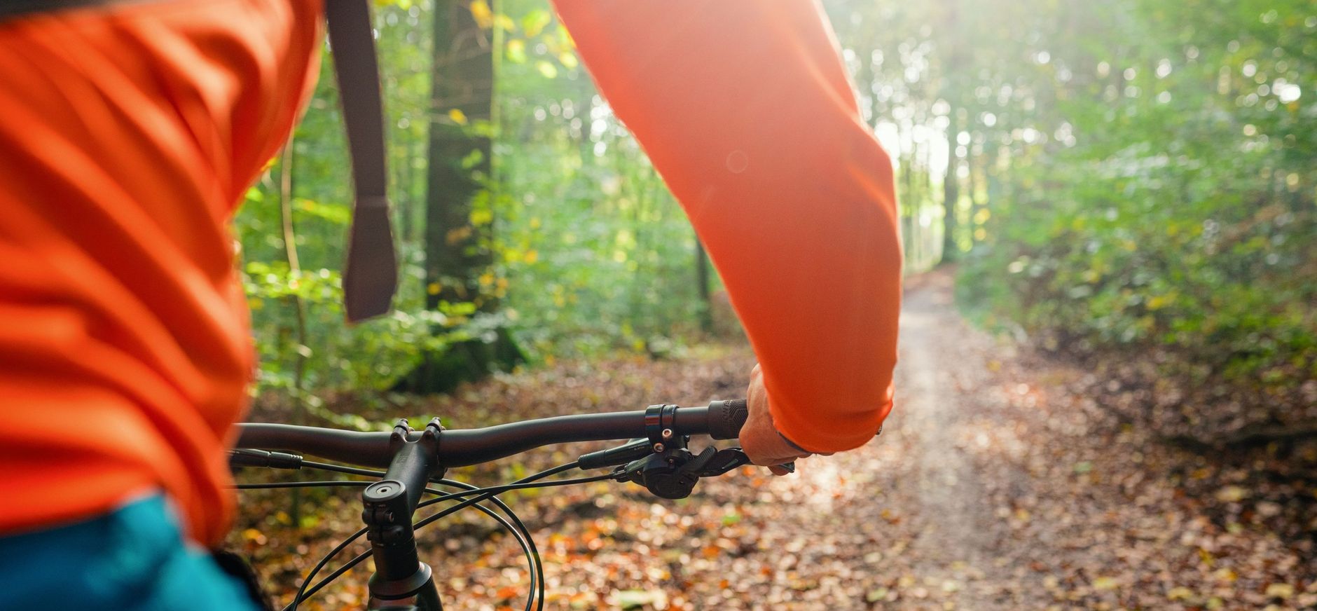 Een sportieve fietser fietst door het lentebos