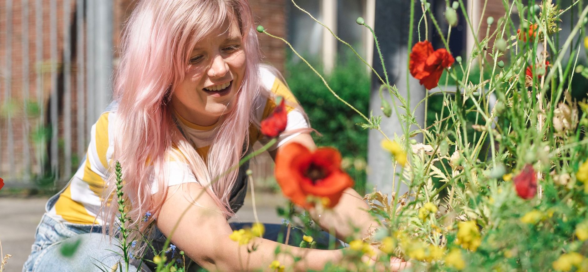 Vrouw bekijkt wilde bloemen in haar tuin