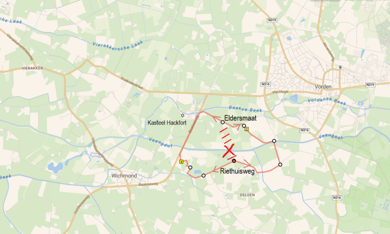 Omleiding voor blauwe en rode route op landgoed Hackfort vanwege afsluiten brug Omleiding voor blauwe en rode route op landgoed Hackfort vanwege afsluiten brug