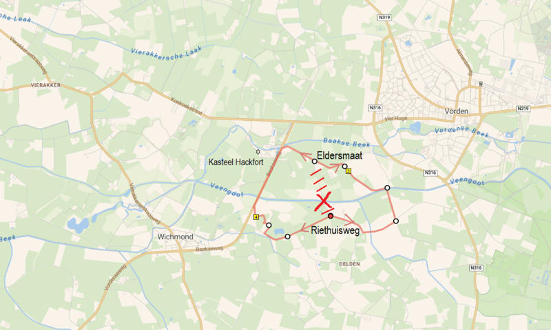 Omleiding voor blauwe en rode route op landgoed Hackfort vanwege afsluiten brug Omleiding voor blauwe en rode route op landgoed Hackfort vanwege afsluiten brug
